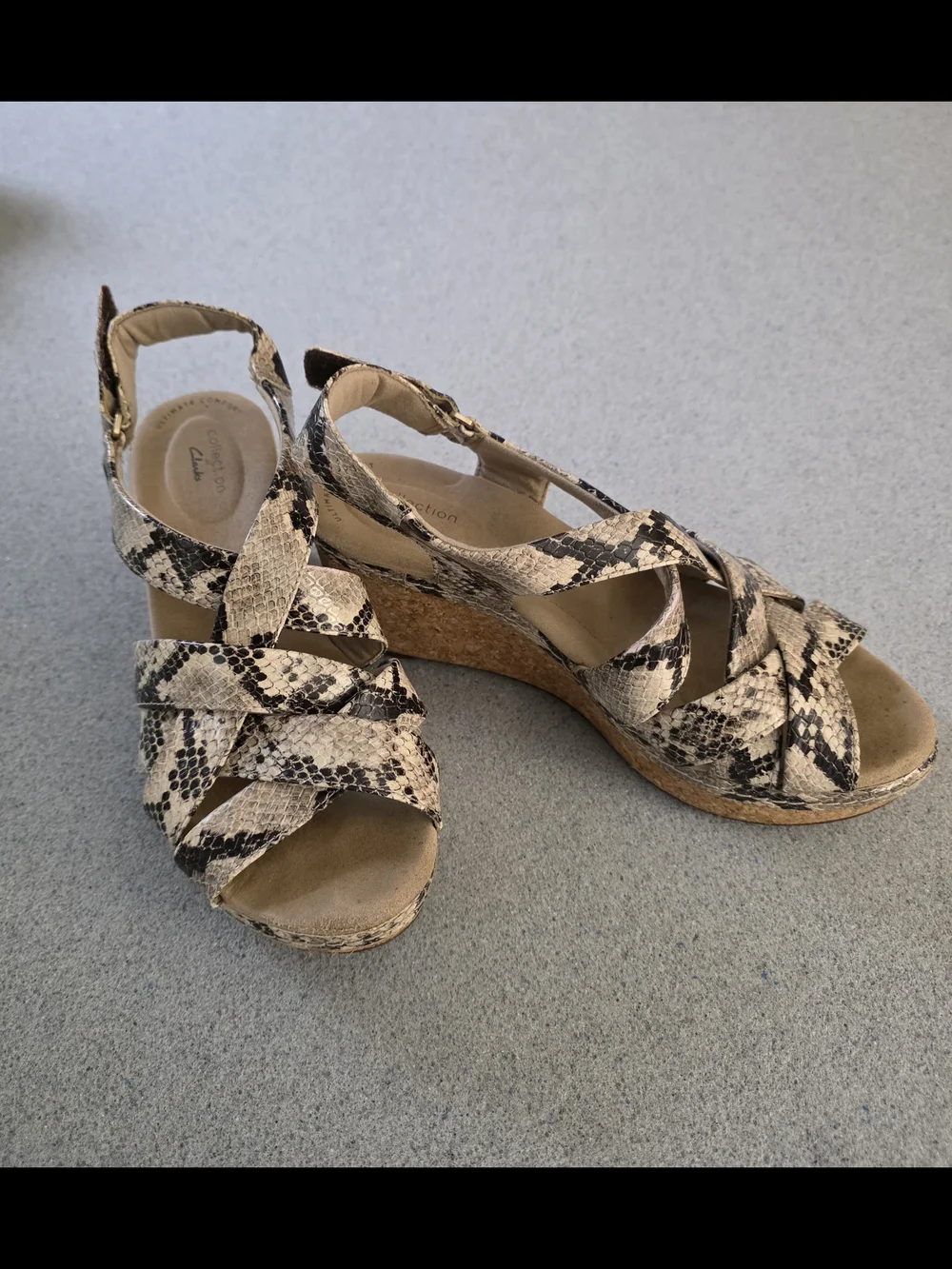 Clarks Women’s Snake-Print Cork Wedge Sandals in Beige